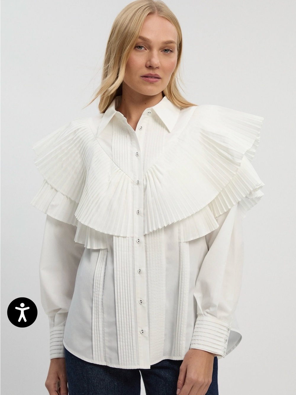 Karen Millen White Pleated Ruffle Button-Down Blouse